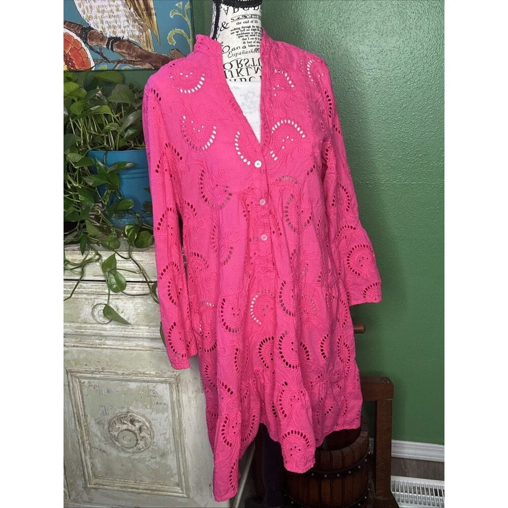 100% Cotton Pink Eyelet Swimsuit Coverup Coastal Beachwear Vacation Coverup